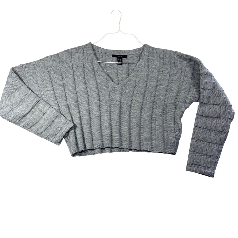 Forever 21 Gray V-Neck Cropped Ribbed Knit Sweater Womens Small Long Sleeve